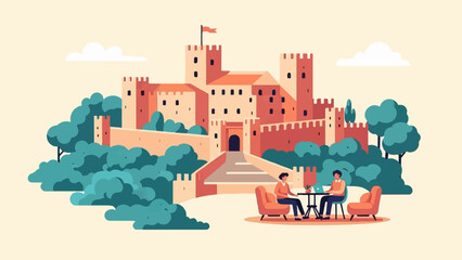 Two people relax with a laptop at a cafe in front of a fortified castle