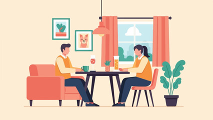 Two people sit at a table with drinks and food, framed by art