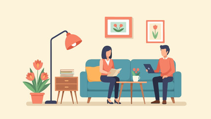 Two people relaxing in a living room, one reading, the other using a laptop