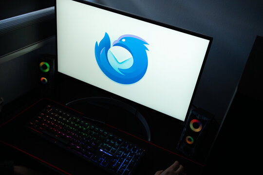 Punta Arenas, Chile &ndash; January 20, 2026: Iconic blue bird logo of the Mozilla Thunderbird email client displayed on a computer monitor