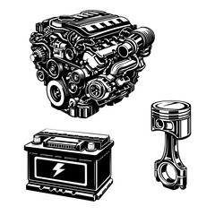 car engine components, motor, piston and battery black and white vector