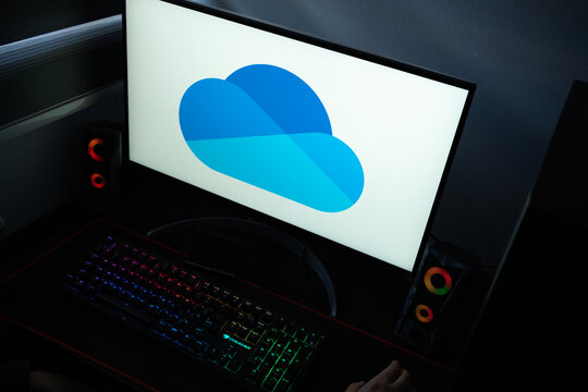 Punta Arenas, Chile &ndash; January 20, 2026: Microsoft OneDrive cloud storage service logo with 2025 fluid design displayed on a computer monitor
