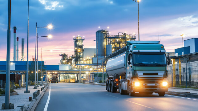 Tanker truck driving on road, transporting chemicals to industrial refinery plant at sunset, energy infrastructure