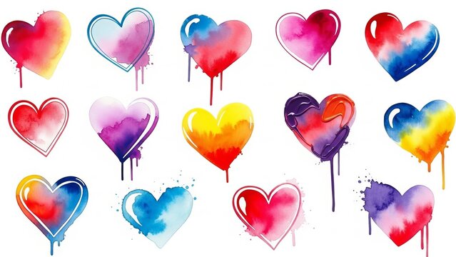 Collection of vibrant watercolor hearts featuring splashes and drip effect on white background