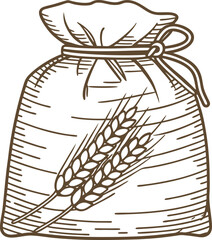 sack bag with wheat ears illustration, agricultural rustic storage container tied with string