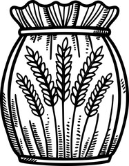 Fototapeta premium Bag of grain with five wheat stalks hand drawn cereal agriculture illustration farm harvest product