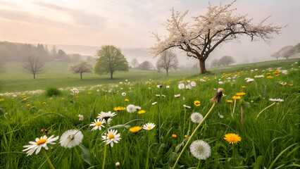 Field of green grass and blooming daisies and dandelions, a lawn in spring.
