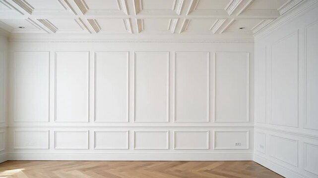 Empty White Room with Classic Paneling - An elegant empty room features detailed wall paneling in a bright white tone, accented by a coffered ceiling design.
