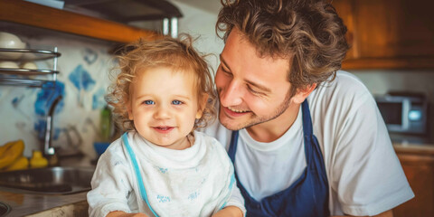 Father bonding with happy toddler in kitchen, sharing a tender moment of family love and parenthood