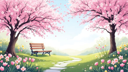 Obraz premium Sakura bench pathway with pink blossoms and spring meadow. Romantic garden scene featuring cherry trees, flowers, soft light. Pastel park landscape with steppingstones, petals, tranquil view