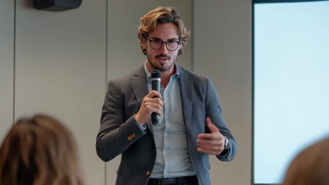 Speaker presents insights on corporate business realities during a professional seminar in a modern conference room