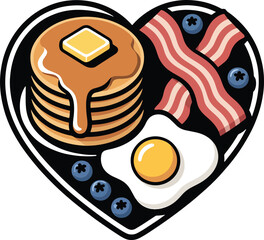 A heart shaped illustration featuring a delicious breakfast of pancakes bacon and eggs