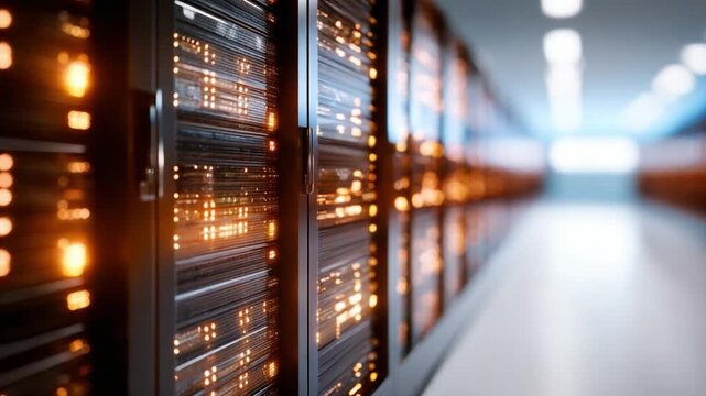 Server Room: A perspective view within a server room showcasing rows of active servers. Illuminated, and reflecting the technology. 