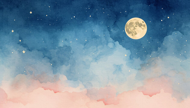 dreamy watercolor night sky illustration with glowing crescent moon and twinkling stars