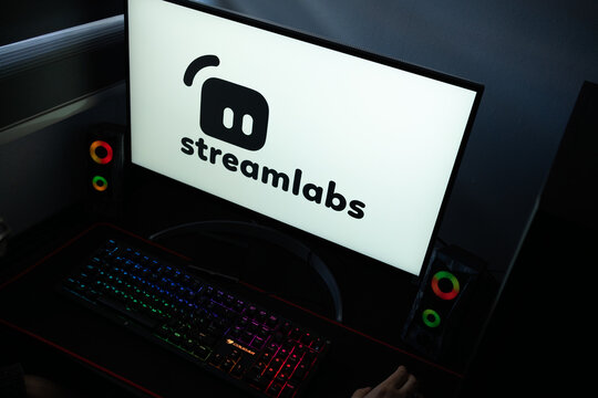 Punta Arenas, Chile &ndash; January 20, 2026: Iconic Streamlabs mascot logo and wordmark displayed on a professional computer monitor