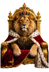 Obraz premium Majestatyczny lew siedzący na złotym tronie w luksusowym, królewskim pałacu. Ubrany w bogatą, czerwoną pelerynę z futrem oraz ozdobną koronę z klejnotami. Symbol władzy, siły i królewskiej elegancji. 