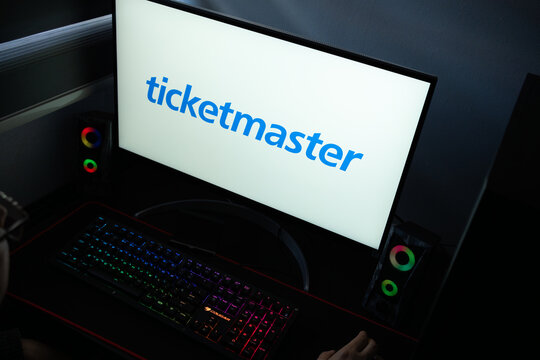Punta Arenas, Chile &ndash; January 20, 2026: Iconic Ticketmaster lowercase wordmark logo displayed on a professional computer monitor