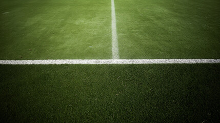 Obraz premium Green artificial turf displaying white painted boundary lines on a sports field, symbolizing limits and competition