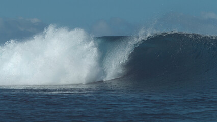 Fototapeta premium Beautiful sparkling ocean wave crashes wildly and sends blue water drops flying.