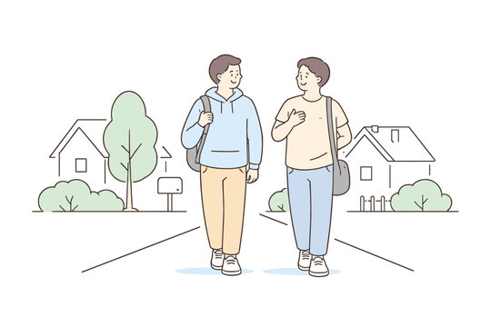 Minimalist Stroll Companions. Two friends walk together through familiar neighborhood paths calmly Minimalist flat line vector