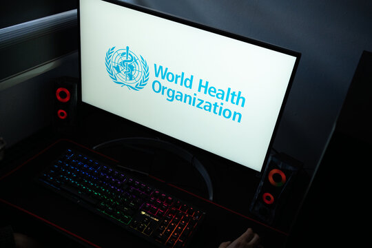 Punta Arenas, Chile &ndash; January 20, 2026: Iconic World Health Organization (WHO) emblem featuring the Rod of Asclepius displayed on a professional monitor