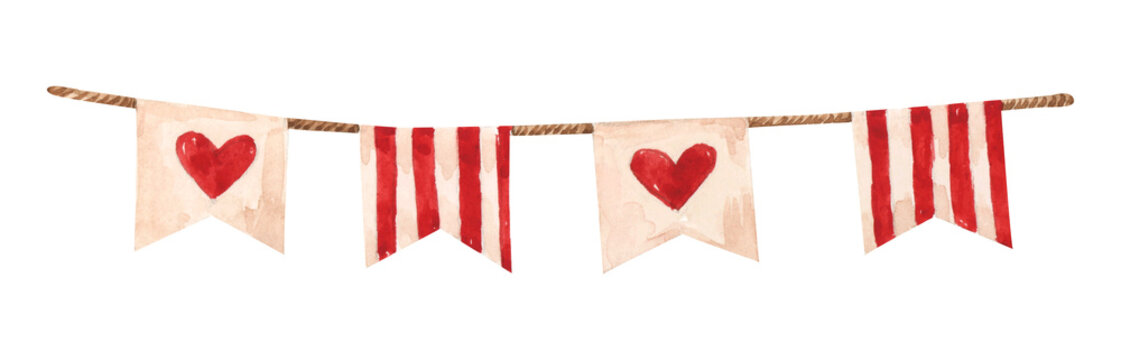 Watercolor red stripe and beige pennant. Cute party garland, festive flags. Hand drawn triangle banner illustration for Valentines day, anniversary