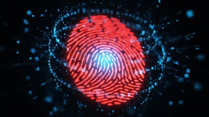 Futuristic Fingerprint Authentication Display - A glowing red fingerprint is prominently featured at the center of the video, surrounded by swirling blue digital particles in a dark background.