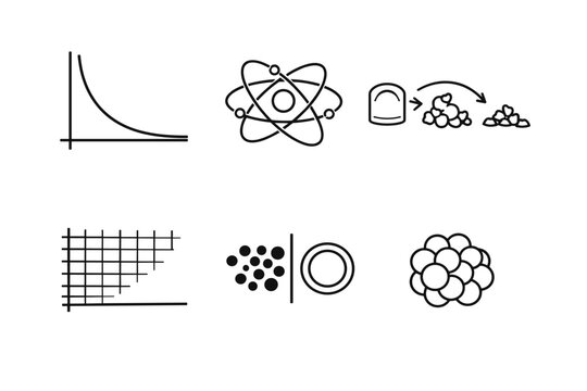 Decay Over Millennia Icons. Line style vector icons of decay over millennia: exponential decay curve, isotope symbol, slow