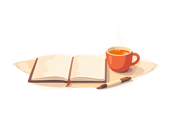 Naklejka premium Morning Tea Flatlay. Morning tea and journal flatlay with open notebook, pen, and steaming mug, gentle glow halo and subtle