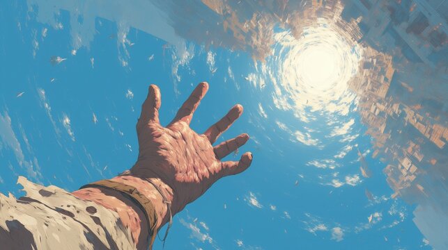 希望の光を求める差し伸べられた巨大な手と未来都市のSF景観