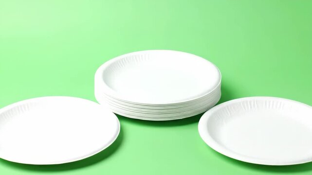 Eco-Friendly Paper Plates on Green Background - A flat lay showcases a stack of white, eco-friendly paper plates on a vibrant green background.