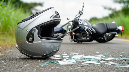 motorcycle helmet lying on the road near a fallen bike and broken glass, symbolizing traffic accident, road safety and crash aftermath