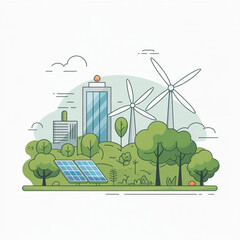 Sustainable city development concept with wind turbines, solar panels, and green spaces promoting environmental conservation and renewable energy solutions for urban areas
