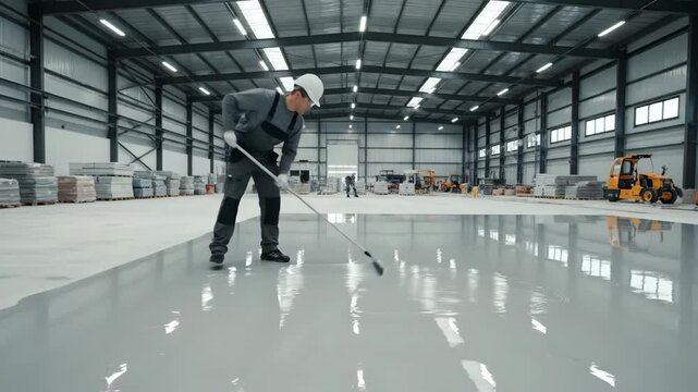Warehouse Floor Epoxy Application - A construction worker in safety gear applies an epoxy sealant to a large concrete floor inside a bright, modern warehouse.