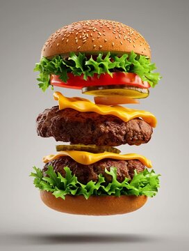 Floating cheeseburger exploded view with suspended ingredients