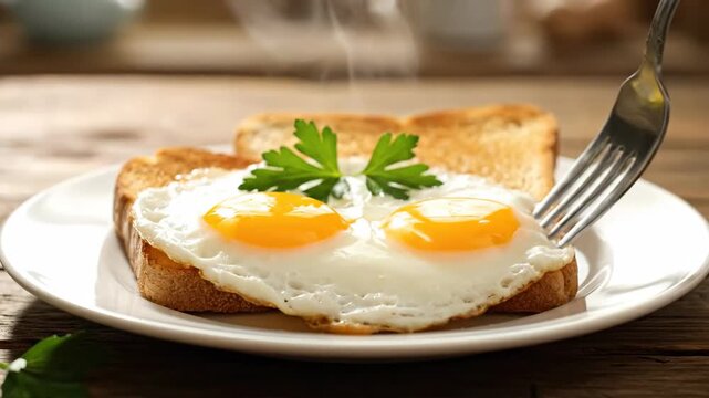 Sunny Side Up Eggs on Toast - A close-up shot shows a pair of fried eggs, sunny side up, served on toasted bread and garnished with parsley, presented on a white plate atop a rustic wooden surface.