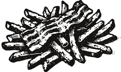 Crispy bacon strips stacked on top of thick cut french fries black and white illustration