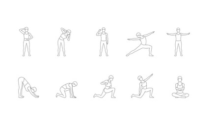 a sequence of illustrated fitness exercises and stretches for a full body workout routine