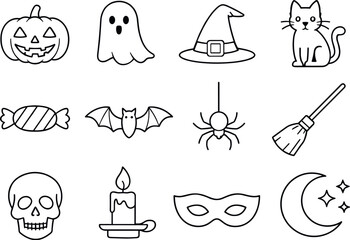 Halloween Vector Icons. Line style of Halloween celebration vector icons: pumpkin, ghost, witch hat, black cat; candy, bat, spider