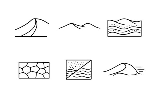 Dune Structure Icons. Line style icons of dune structure: slip face profile, crest outline, stratified sand layers, dry surface