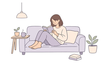 Cozy Reading Moment. A woman sitting on a sofa and reading during daily life, flat modern illustration of a single figure absorbed