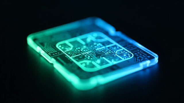 Glowing Futuristic Digital SIM Card - Close-up shot of an eSIM card with illuminated circuit patterns, glowing in green and blue on a dark surface.