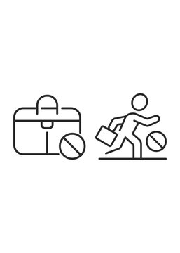 Minimalist line icons showing a prohibited briefcase and a person departing to illustrate the state of unemployment.