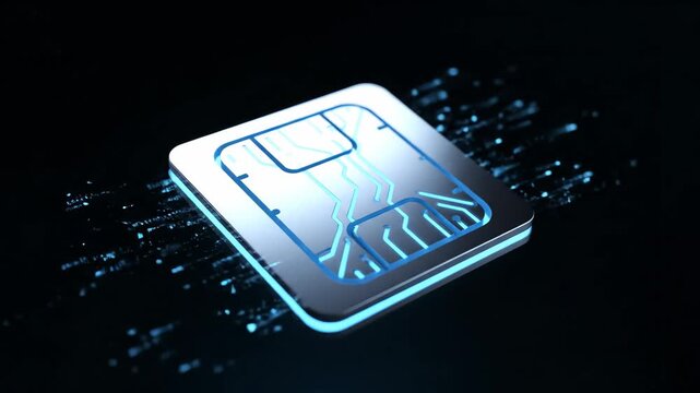 Futuristic E-Sim Card Technology - A close-up shot of a futuristic e-sim card chip with a glowing design, displayed on a dark background with digital particles.