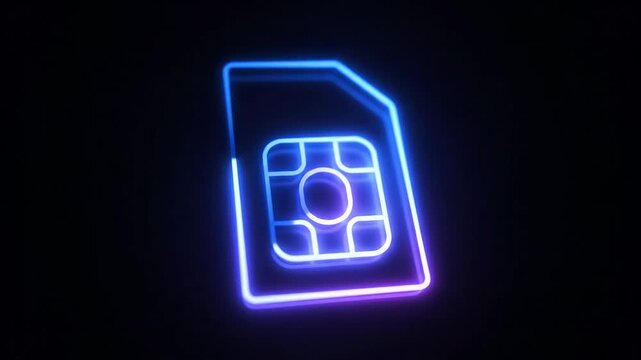 Futuristic Glowing Sim Card Symbol - This video shows a glowing blue and purple sim card or e-sim symbol. It has a futuristic look and stands out against a dark background.
