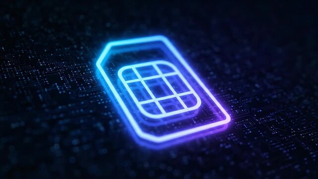 Glowing Futuristic SIM Card Symbol - This video shows a glowing SIM card symbol, outlined in neon blue and purple, against a dark blue circuit board background.