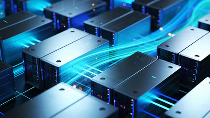 Data center servers with glowing connections and blue light effects