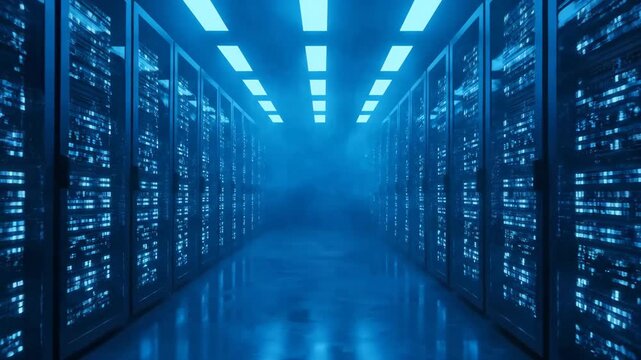 Futuristic Blue Server Room Interior - A long corridor in a server room with multiple rows of data servers is illuminated with blue light.