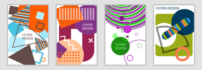 A bright, unusual Memphis-style background. A set of 4 geometric cover designs. Vibrant covers, banners, posters, and booklets. Vector eps