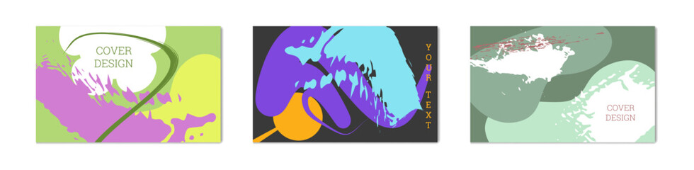 Paint strokes and geometric elements. Set of three vibrant, colorful backgrounds. Design  a notebook or workbook cover.	
